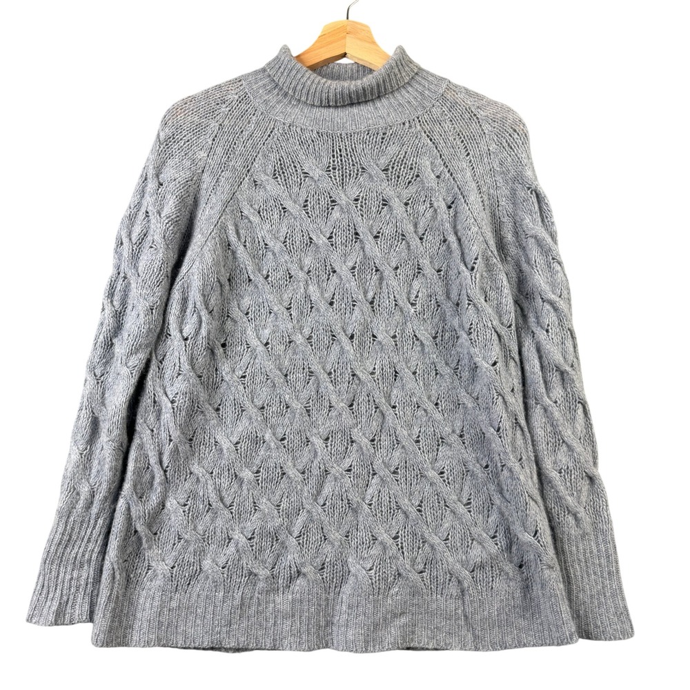 360 Cashmere Women XS Gray Diamond Cable Knit‎ Mock Neck Sweater 100% Cashmere